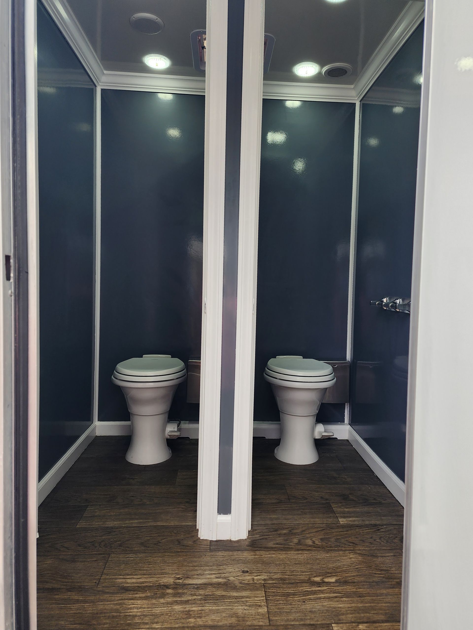 Small restroom with two white toilets in separate blue stalls and wood-look flooring.