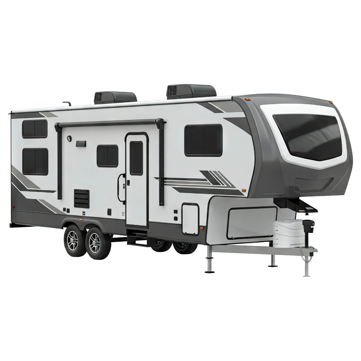 White and gray travel trailer RV with slide-out, parked on a white background