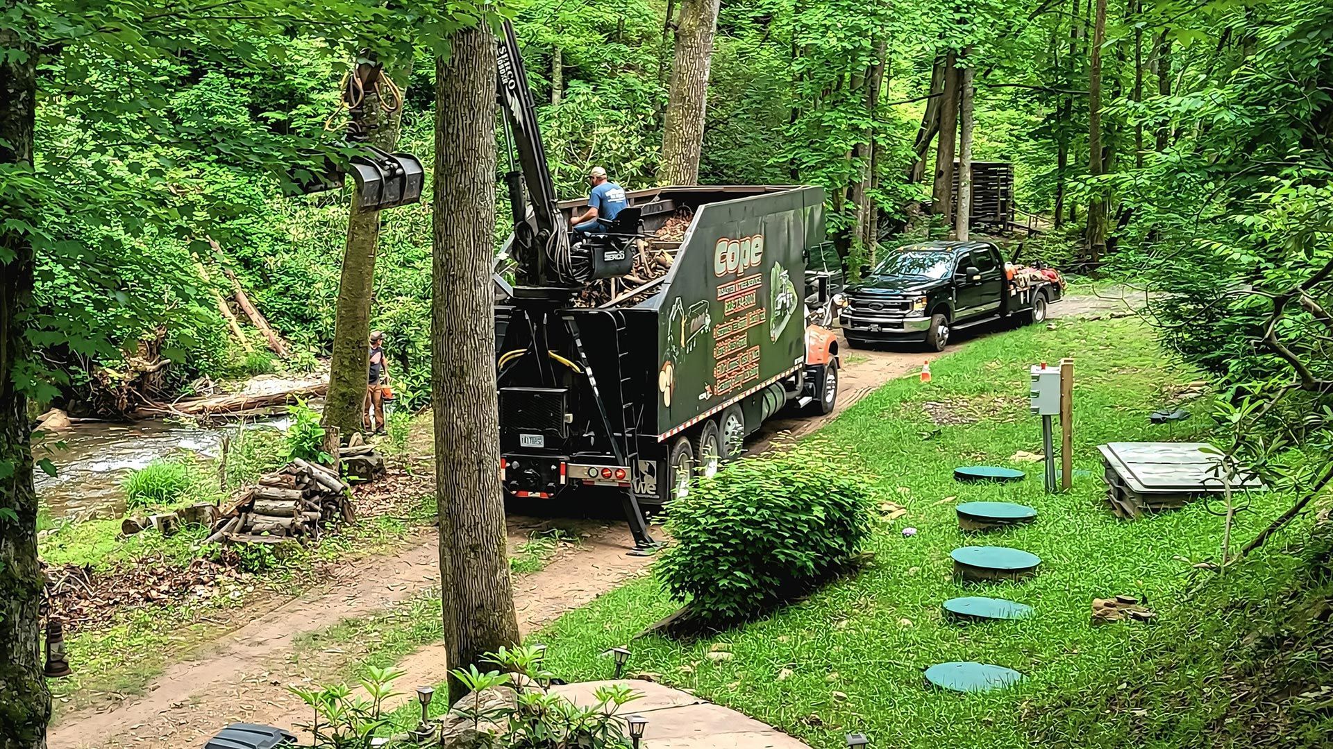 Tree service truck in a wooded area. Workers loading debris, a pickup truck behind. Green and brown tones.