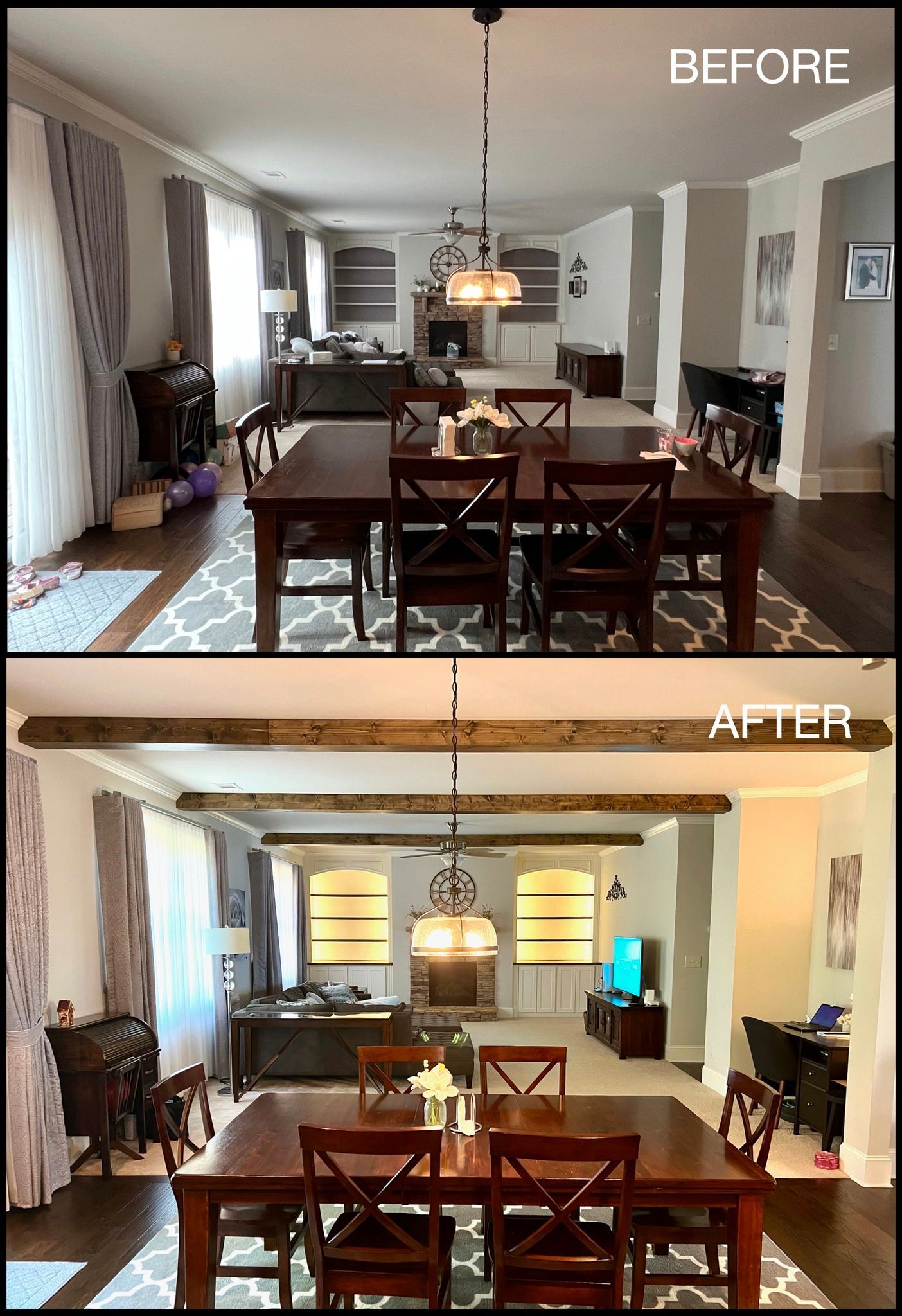 Before-and-after view of a dining room renovation with updated cabinets, lighting, and wall color.