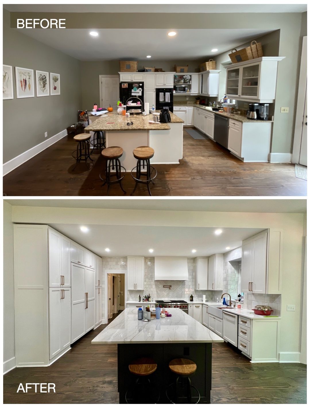Before-and-after kitchen renovation: darker outdated kitchen transformed into bright white modern kitchen with island.