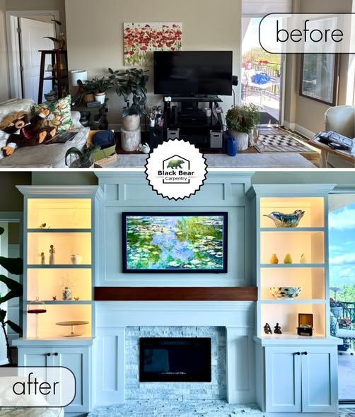 Before-and-after living room makeover with TV wall, built-in shelves, and fireplace in white and blue tones