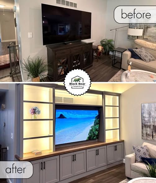 Living room TV wall makeover shown before and after, from plain wall to built-in shelves and cabinets.