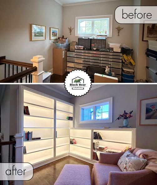 Before-and-after of a bedroom transformed into a bright, built-in shelving nook with a purple chaise lounge.