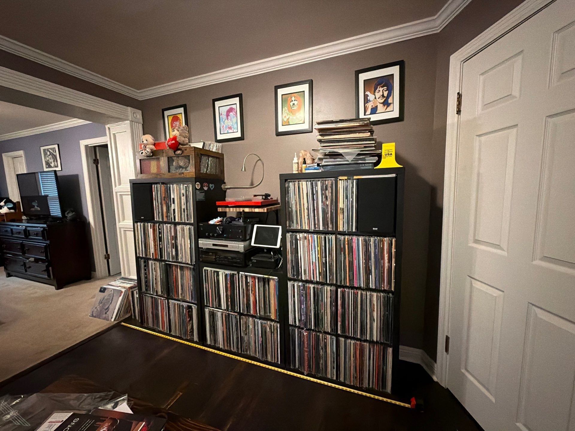 Living room wall with two vinyl record shelves, framed art, and white double closet doors