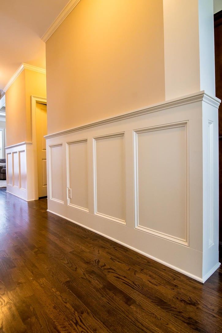 Hallway with white wainscoting, beige walls, and dark hardwood floors, lit by warm light