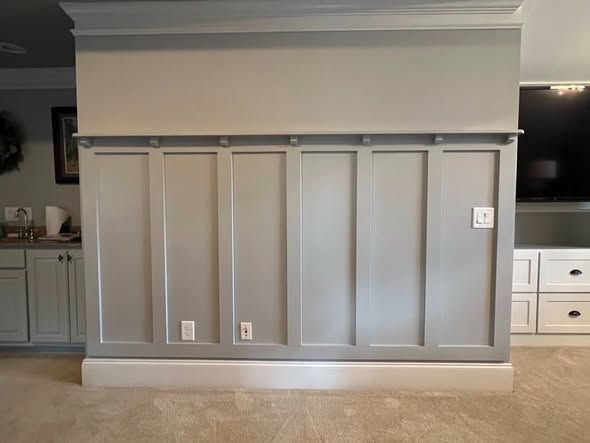 Gray paneled living room wall with recessed sections, white trim, and beige carpet floor