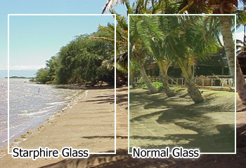 Comparison of starphire and normal glass showing the effects on image clarity, with beach and palm tree scenes.
