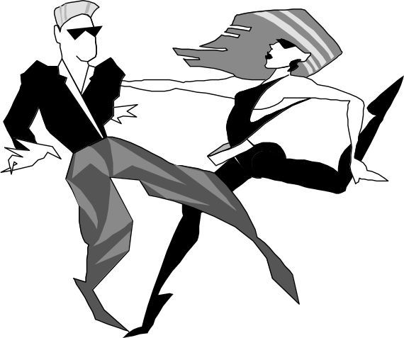 Stylized illustration: Man and woman in sunglasses dancing, 1980s fashion, black and white.