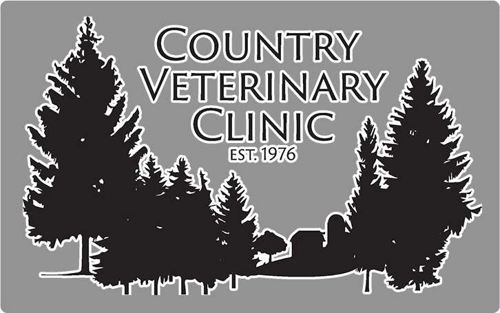 Logo for Country Veterinary Clinic, featuring stylized trees and the clinic's name and establishment year (1976).