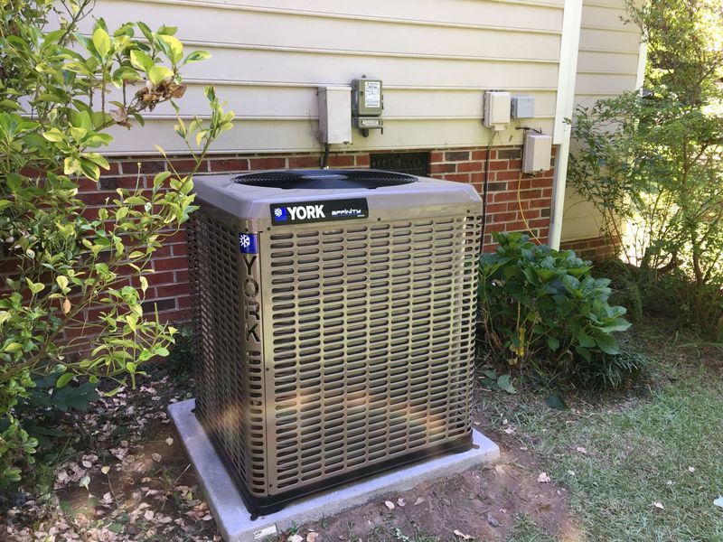 York air conditioning unit next to a house, surrounded by bushes and grass.