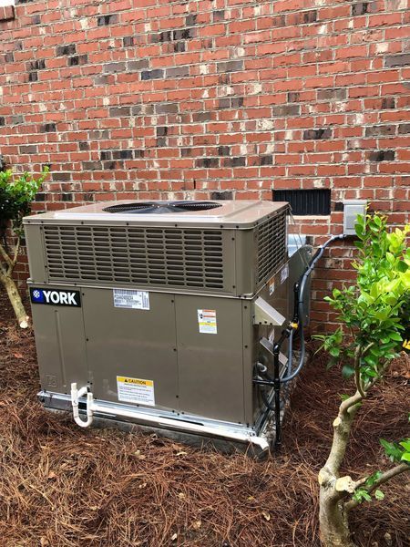 York air conditioning unit next to a red brick building, set in brown mulch with green bushes.
