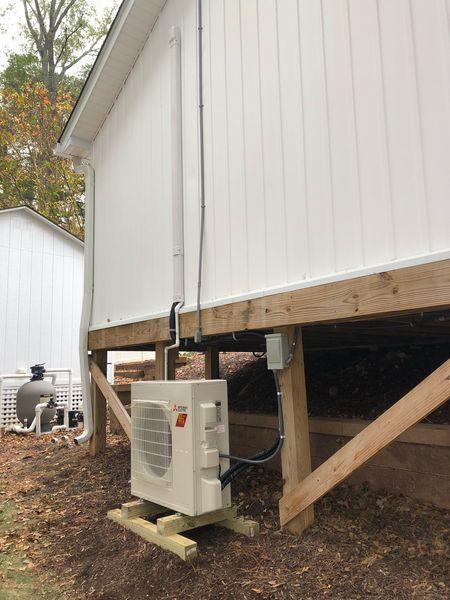 Mini-split heat pump mounted on wooden stand under a white building with electrical components.