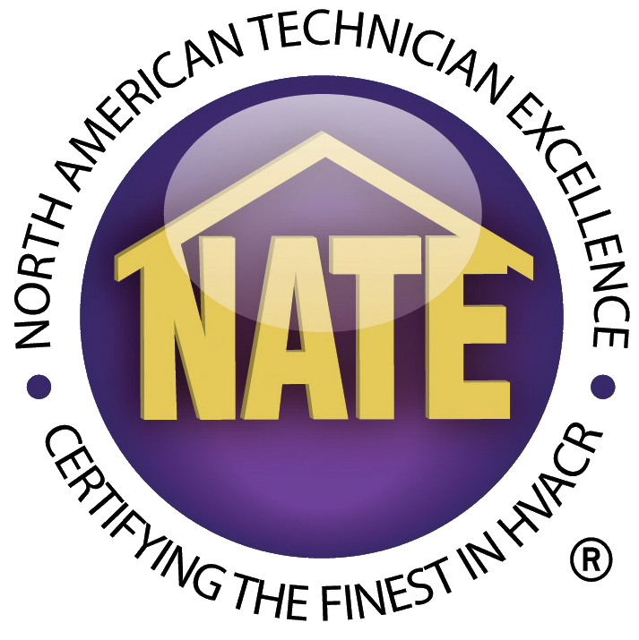 NATE certification seal. Purple circle with gold letters “NATE” inside a house outline. Text: North American Technician Excellence.