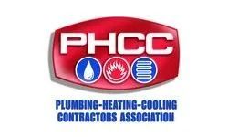 Logo for Plumbing-Heating-Cooling Contractors Association: red badge with white text, blue icons.