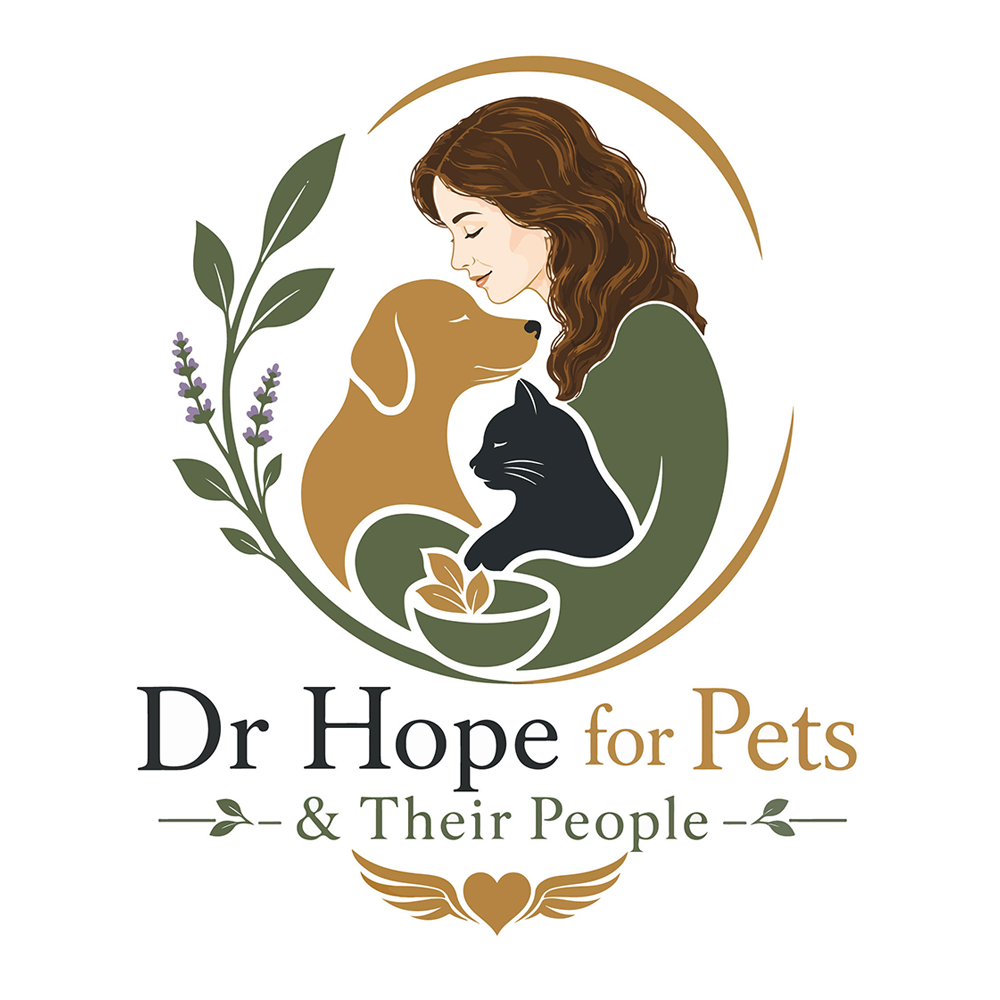 Logo for Dr Hope for Pets & Their People, with woman, dog, cat, and botanical accents