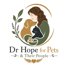 Logo for Dr Hope for Pets & Their People, with woman, dog, cat, and botanical accents