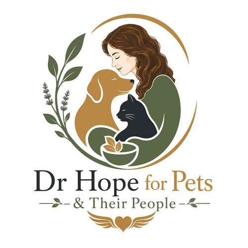 Logo for Dr Hope for Pets & Their People, with woman, dog, cat, and botanical accents