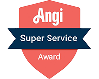 Angi Super Service Award badge in red and blue shield design.