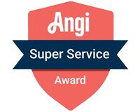 Angi Super Service Award badge in red and blue shield design.