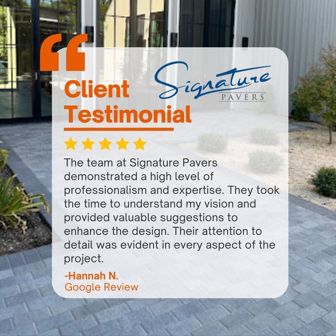 Client testimonial graphic for Signature Pavers with five-star review and a paving patio background.