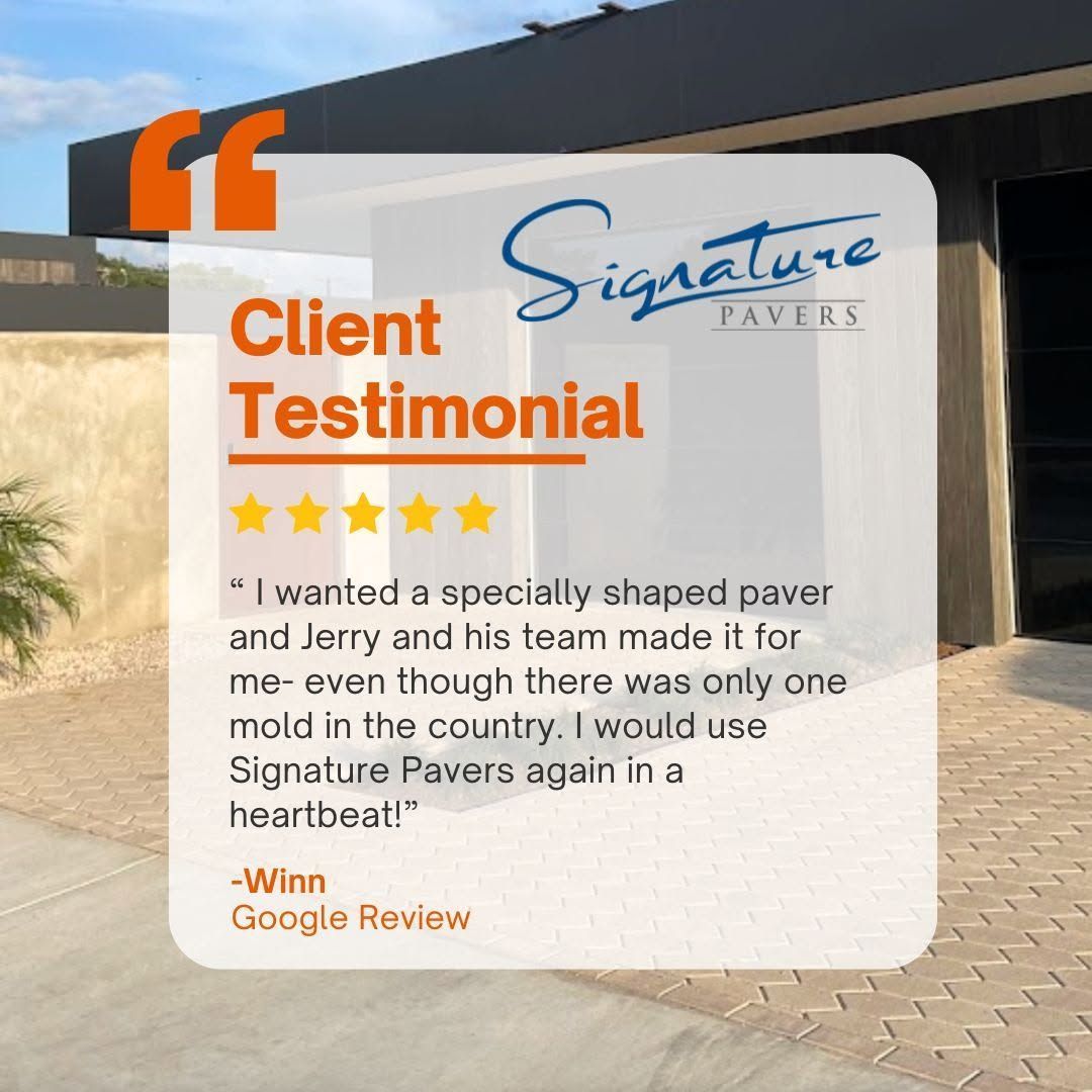 Client testimonial graphic for Signature Pavers, with orange quote marks, five stars, and a review over a patio background.