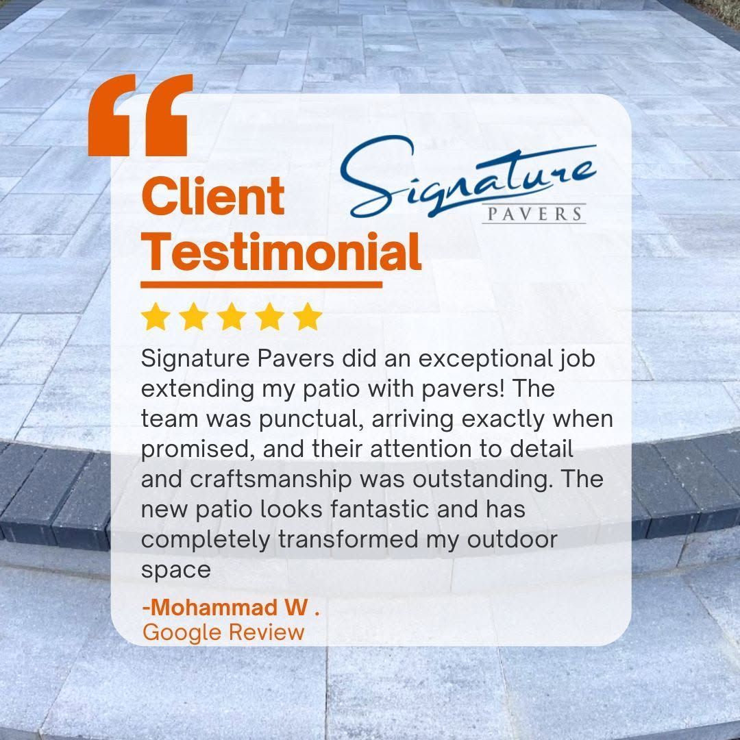 Client testimonial card for Signature Pavers with orange accents and five-star review text.