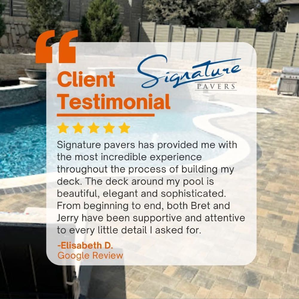Client testimonial graphic for Signature Pavers over a backyard deck photo, with five stars and a review quote.