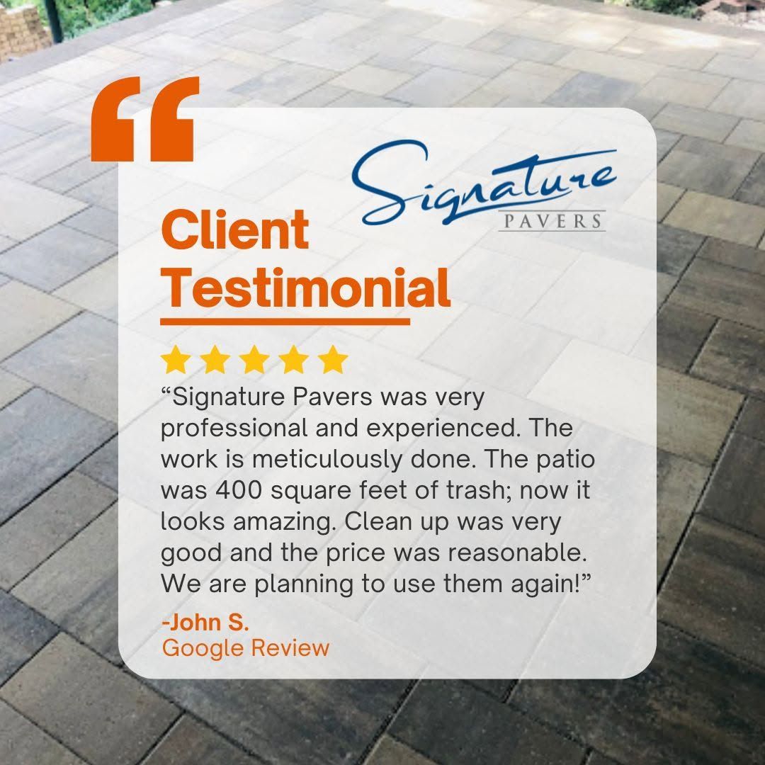 Client testimonial graphic for Signature Pavers with five-star Google review on a light stone background.