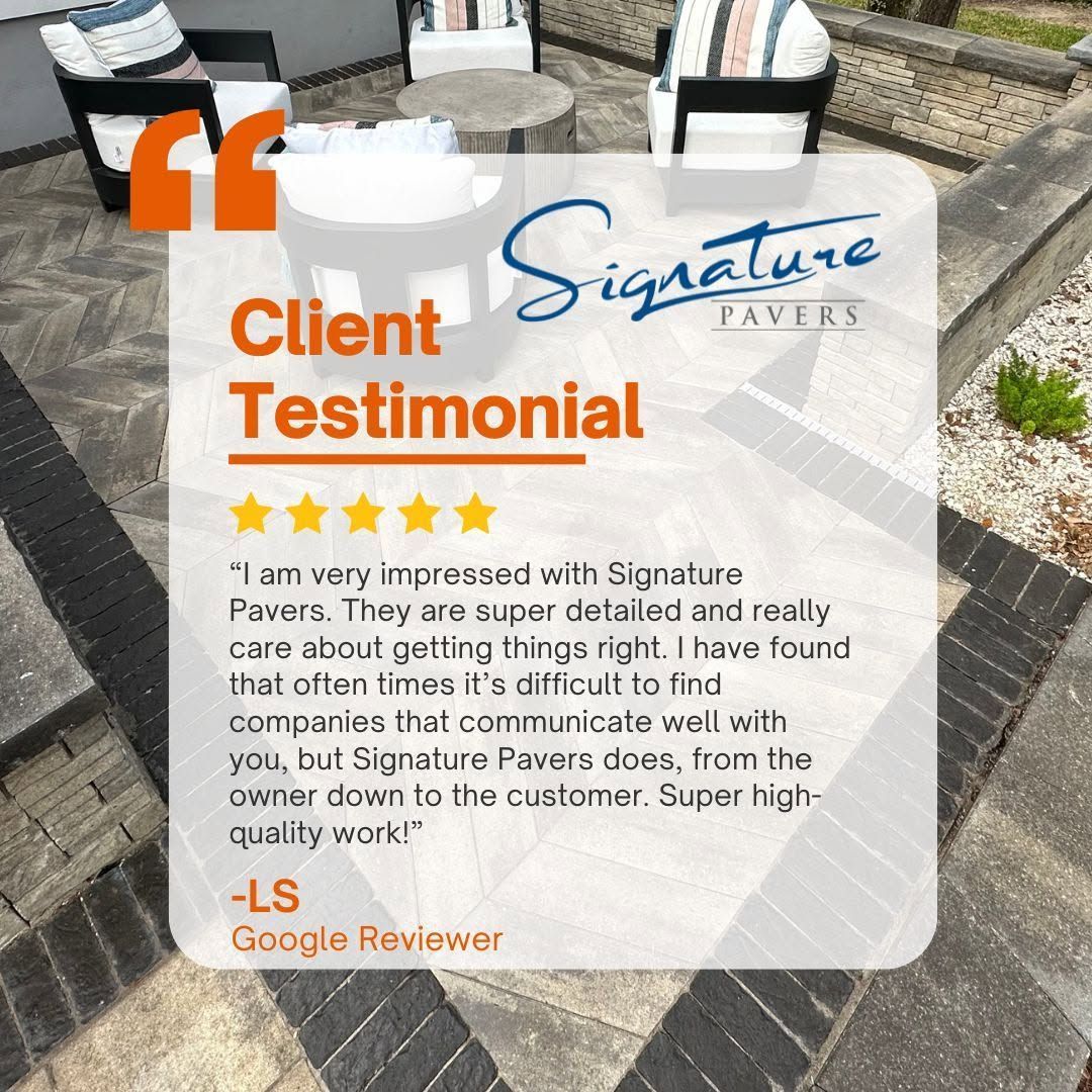 Client testimonial quote over outdoor patio chairs, with Signature Pavers logo and five-star review text.