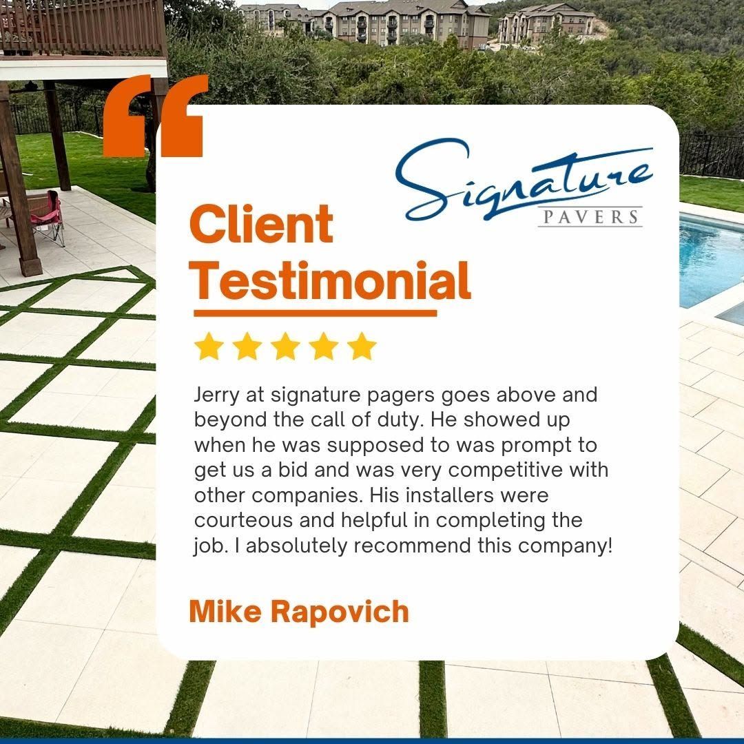 Client testimonial graphic with Signature Pavers logo over a patio background and quote from Mike Rapovich.