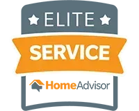 Home Advisor Elite Service badge with gray, orange, and white shield design.