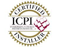 ICPI Certified Installer logo with gold circular border and red stone pattern.