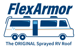 Logo for FlexArmor, a company offering sprayed RV roofs, featuring an RV design.