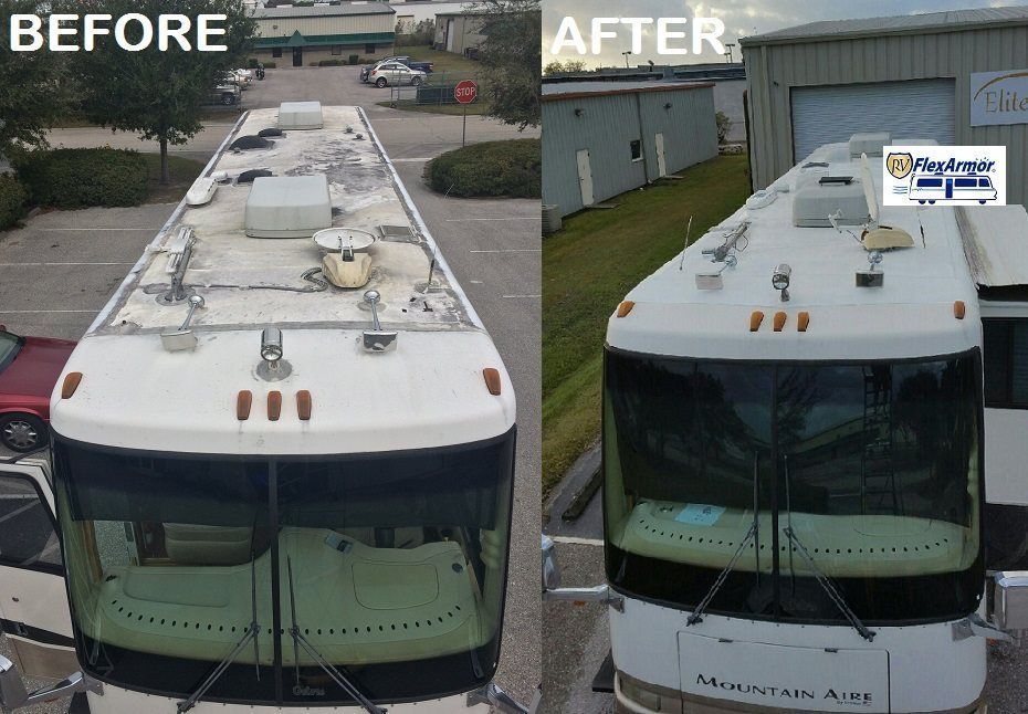 Before and after view of a bus roof. Before shows wear, after shows a clean, restored roof.