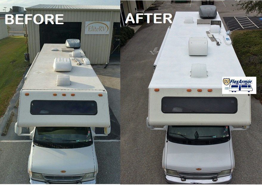 Before and after comparison of an RV roof, showing a clean, white roof after refurbishment.