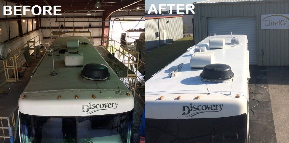 Before and after comparison of an RV roof, showing a repainted white roof.
