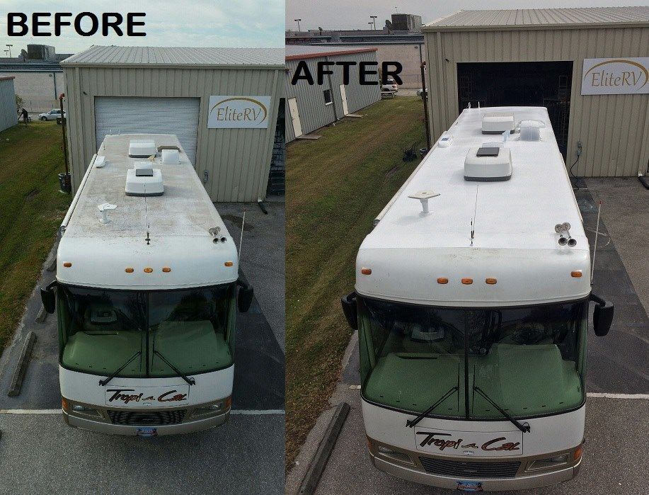 Overhead comparison of a dirty RV roof before and a clean roof after washing, with the RV parked in front of a building.