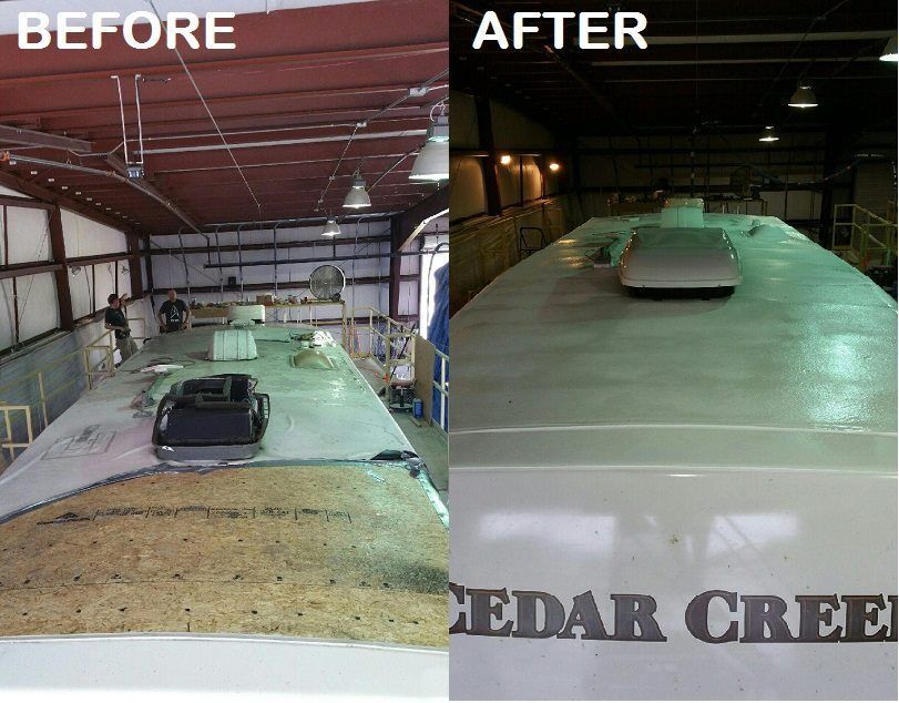 Before-and-after of a RV roof repair. Left shows damaged roof; right is a smooth, white surface.