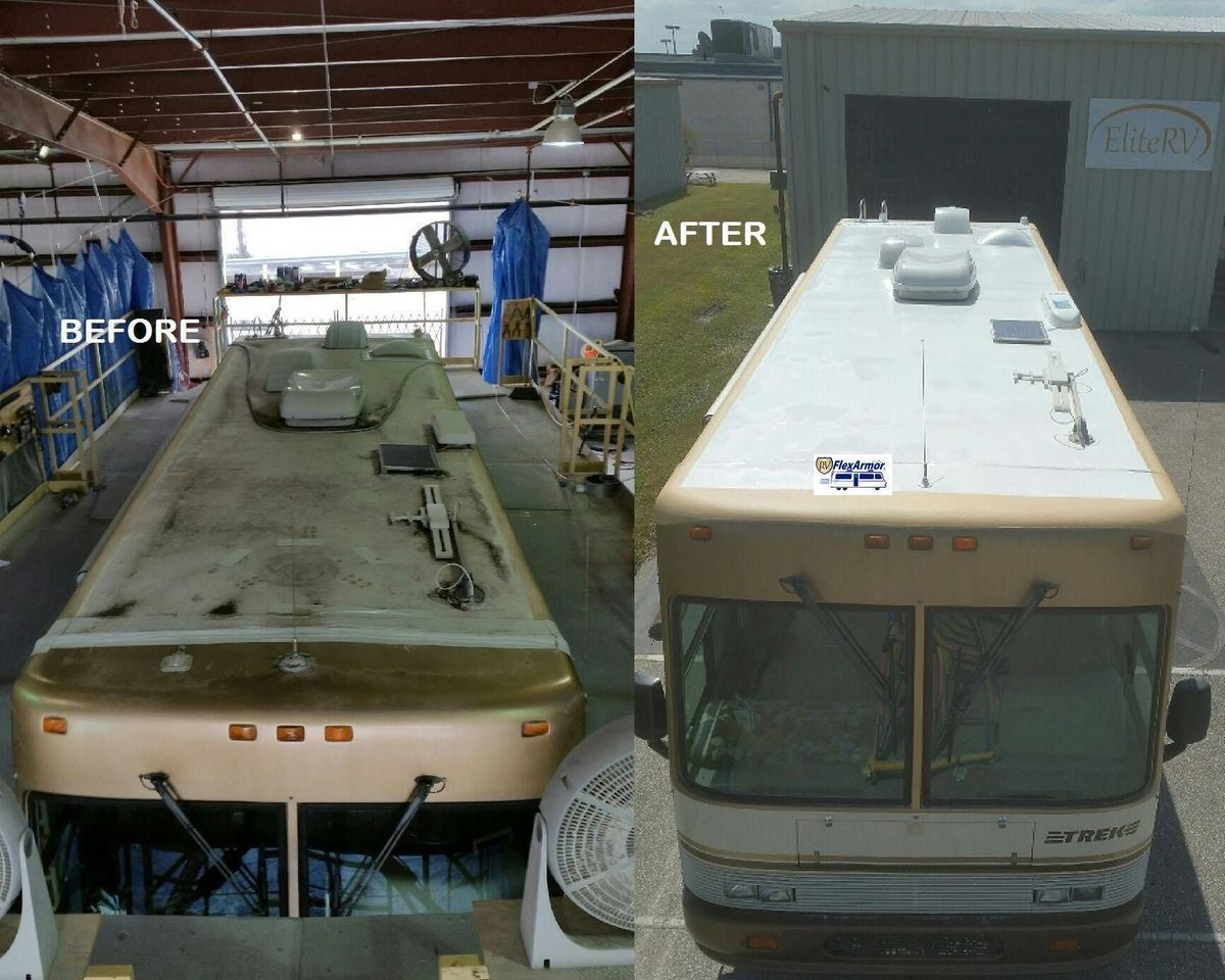 RV roof before and after restoration: dirty tan roof versus clean white roof.
