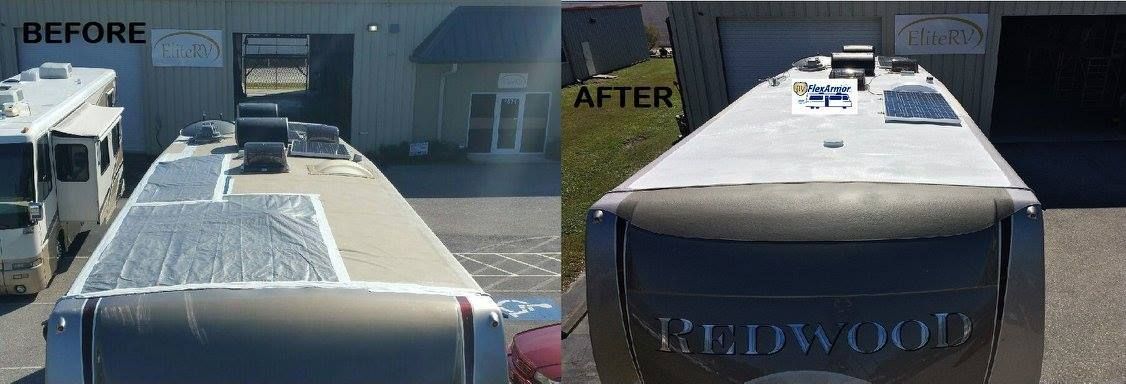 Comparison of an RV roof before and after a coating.  Gray roof is brightened. Black RV hood has a logo.