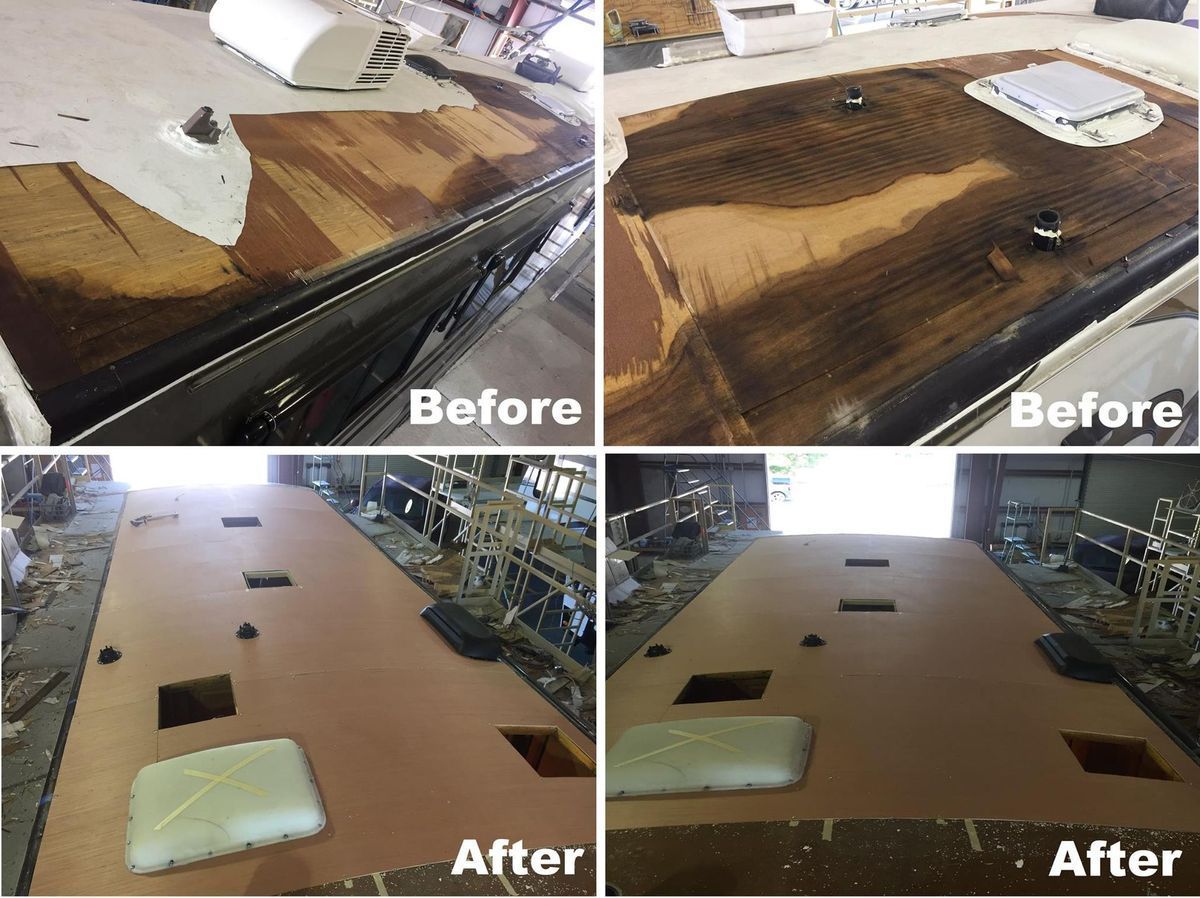 RV roof repair: before and after shots. Old, worn roof replaced with new, smooth surface.