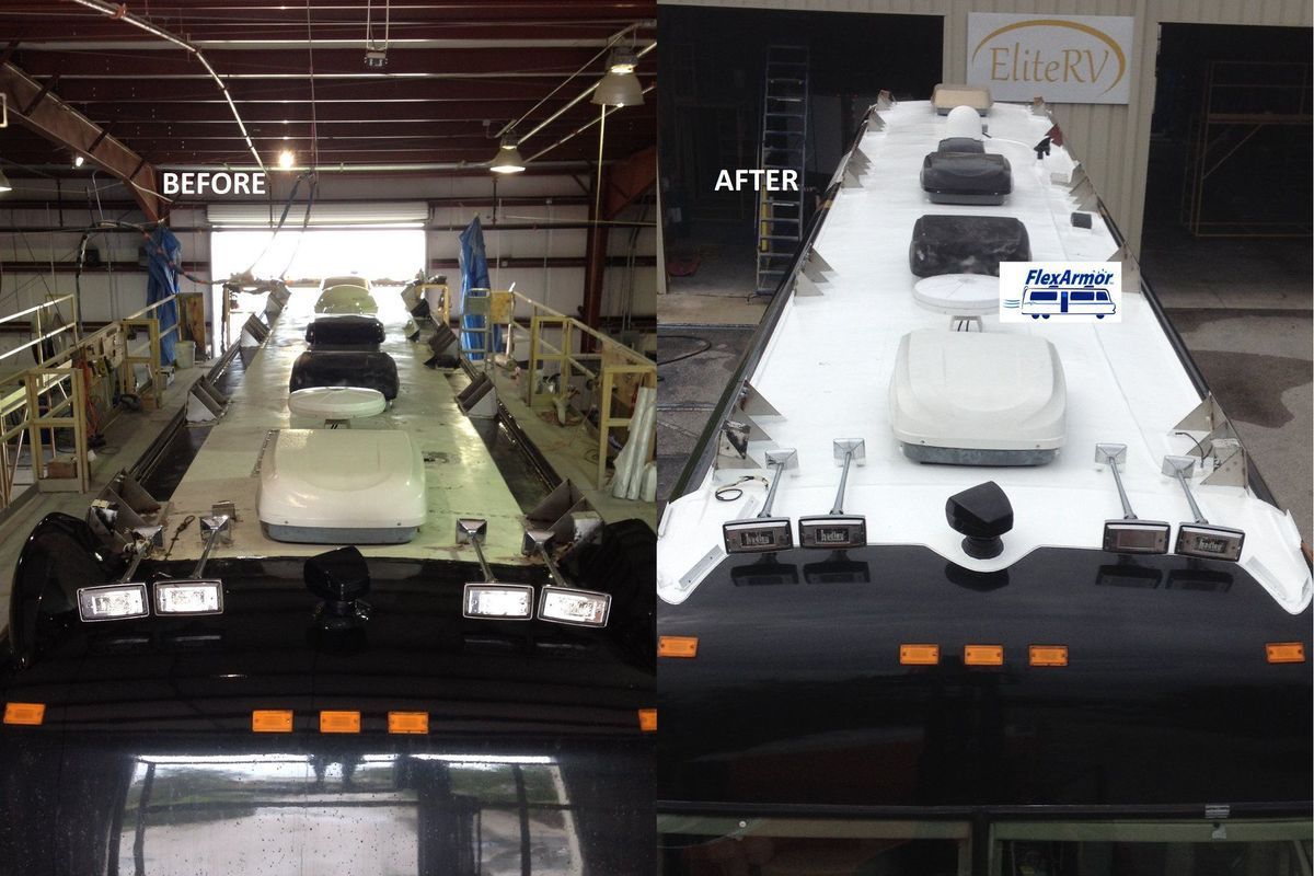 Before-and-after of a black RV roof, showing installation of white sealant.  The 