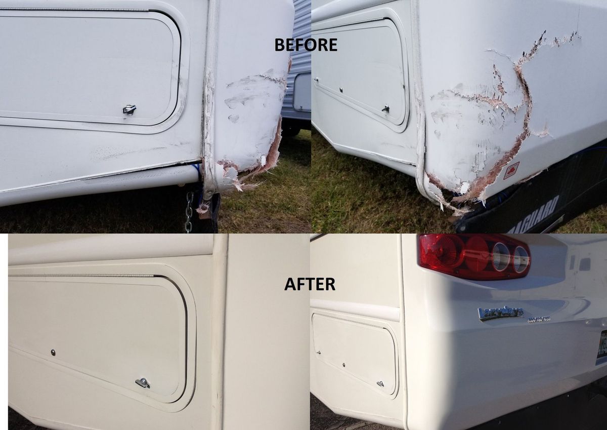 Before and after photos of RV corner damage repair; white RV, dented corner, repaired.