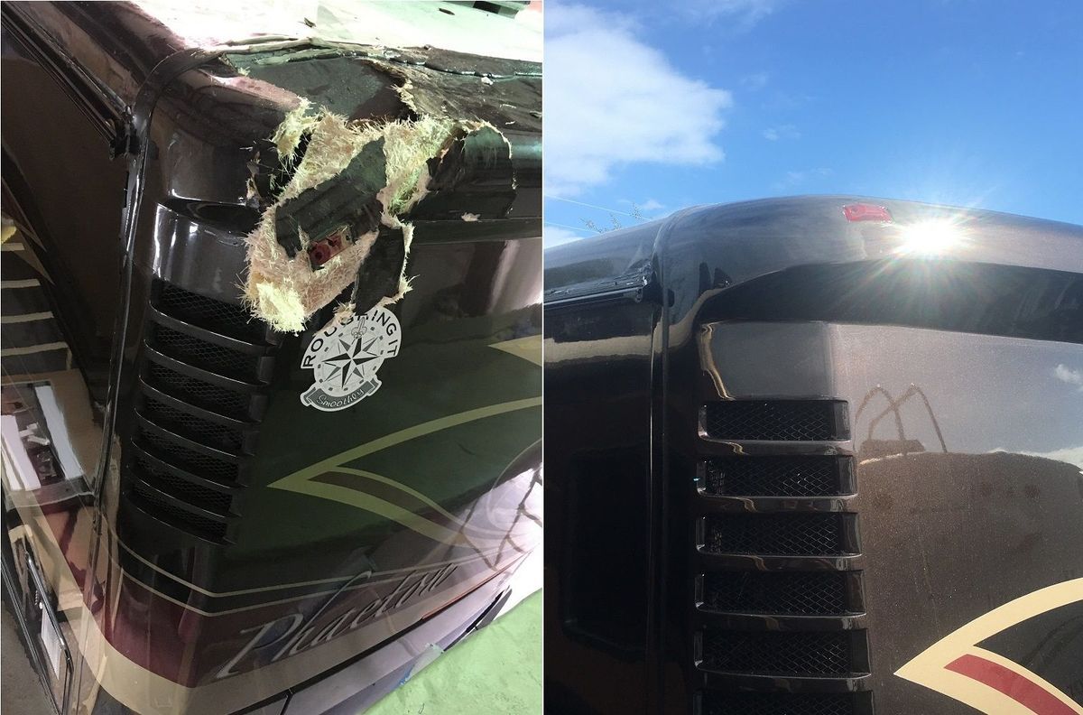 Car damage before and after repair, showing significant dent and paint peeling, then a restored body.