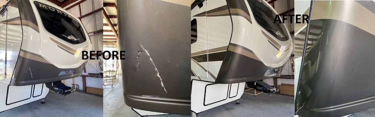 Before and after of a scratched RV fender being repaired. The repair removes the scratches.