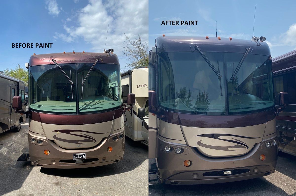 Side-by-side comparison of an RV before and after paint. Brown and tan motorhome with new paint.
