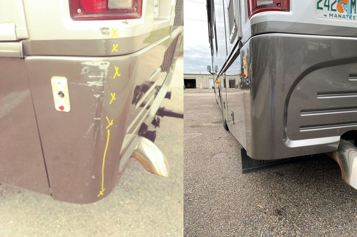 Before and after of RV rear bumper damage repair; brown and silver vehicle outdoors.
