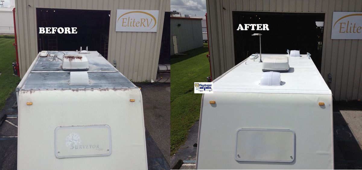 RV roof before and after restoration, showing the transformation from weathered to clean and white.