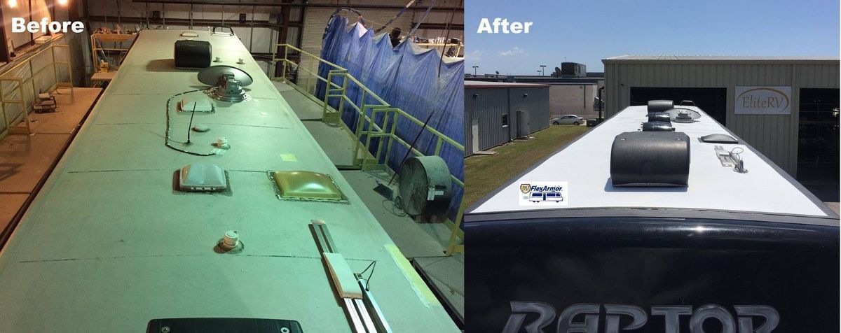 Comparison of a recreational vehicle roof before and after repair; shows updated vents and exterior.